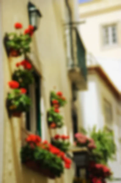 Manguera decorada con macetas de geranio y linternas. Lisboa, Portugal. Foto borrosa . —  Fotos de Stock