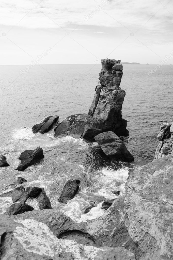 Beautiful rocks in water. Atlantic ocean coast near Peniche (Portugal). Black and white.