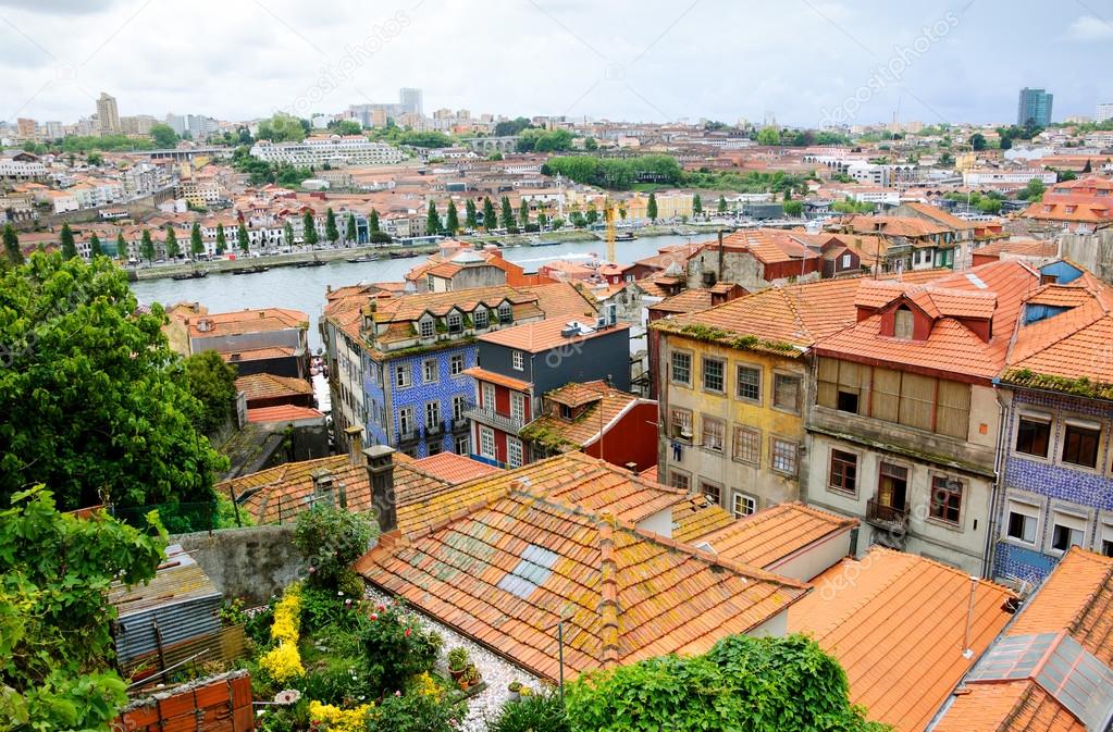 Garden on the rooftop and red tiled roofs houses of old city. Porto