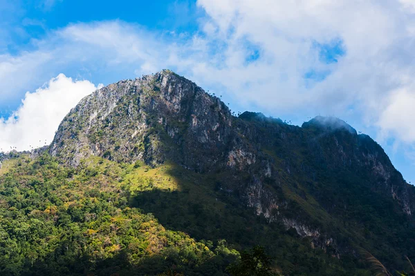 Cume alta montanha em névoa grossa — Fotografia de Stock