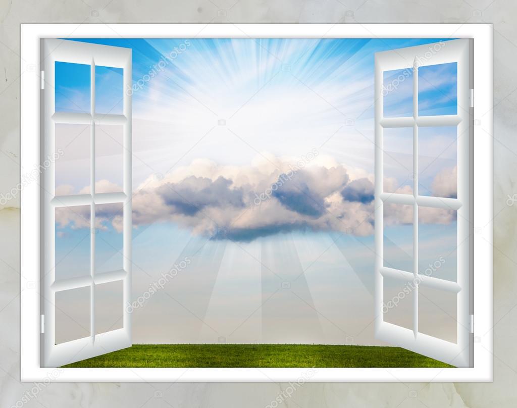 Offenes Fenster Wolken Sonne Stockfotografie