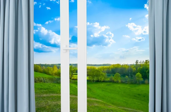 Nature landscape with  window with curtains — Stock Photo, Image