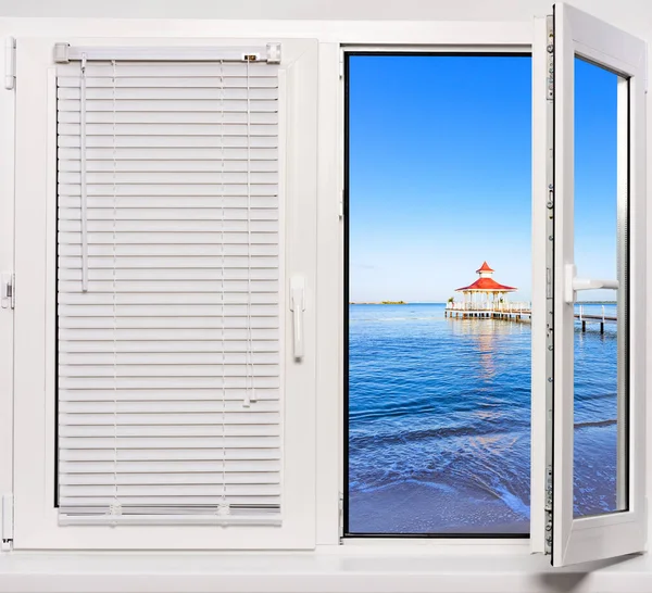 Vista Mar Desde Ventana Isla Del Soleado Día Verano — Foto de Stock