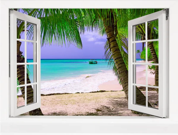 Ventana Abierta Vista Del Paisaje Tropical Del Mar — Foto de Stock