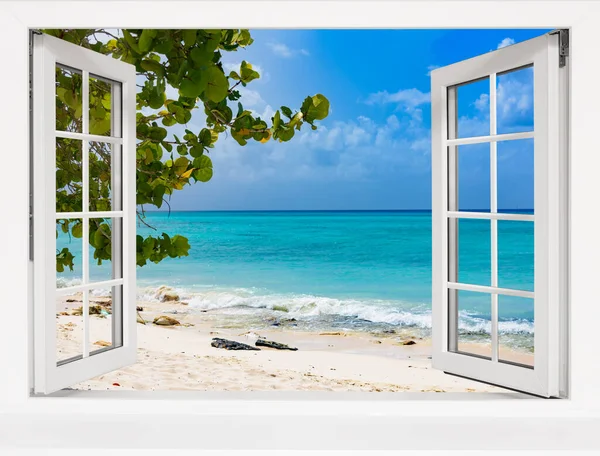 Finestra Aperta Vista Sul Mare Paesaggio Tropicale — Foto Stock