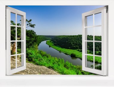 Ormandaki bir nehrin açık penceresinden tropik manzara manzarası