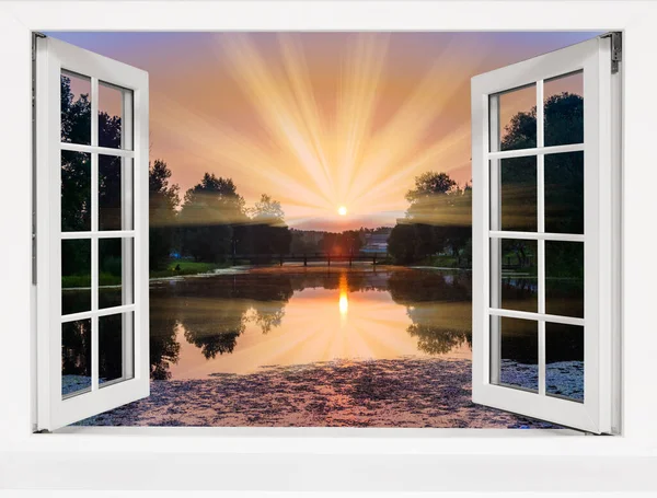 Vista Del Paisaje Tropical Desde Una Ventana Abierta Atardecer Del — Foto de Stock