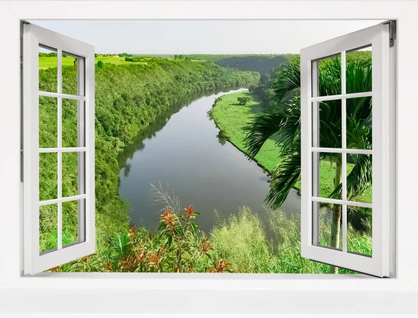 Paisagem Tropical Vista Uma Janela Aberta Rio Selva — Fotografia de Stock