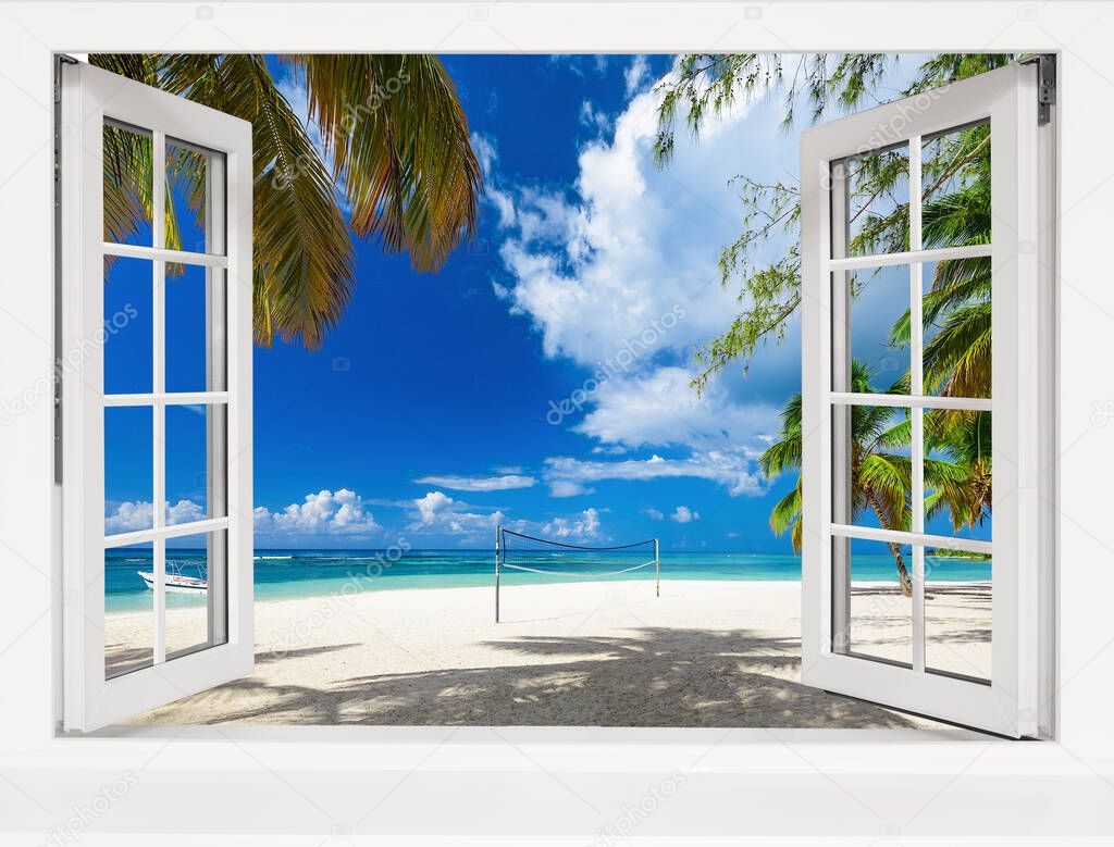 view from an open window to a tropical landscape. Beach sand sea palm trees