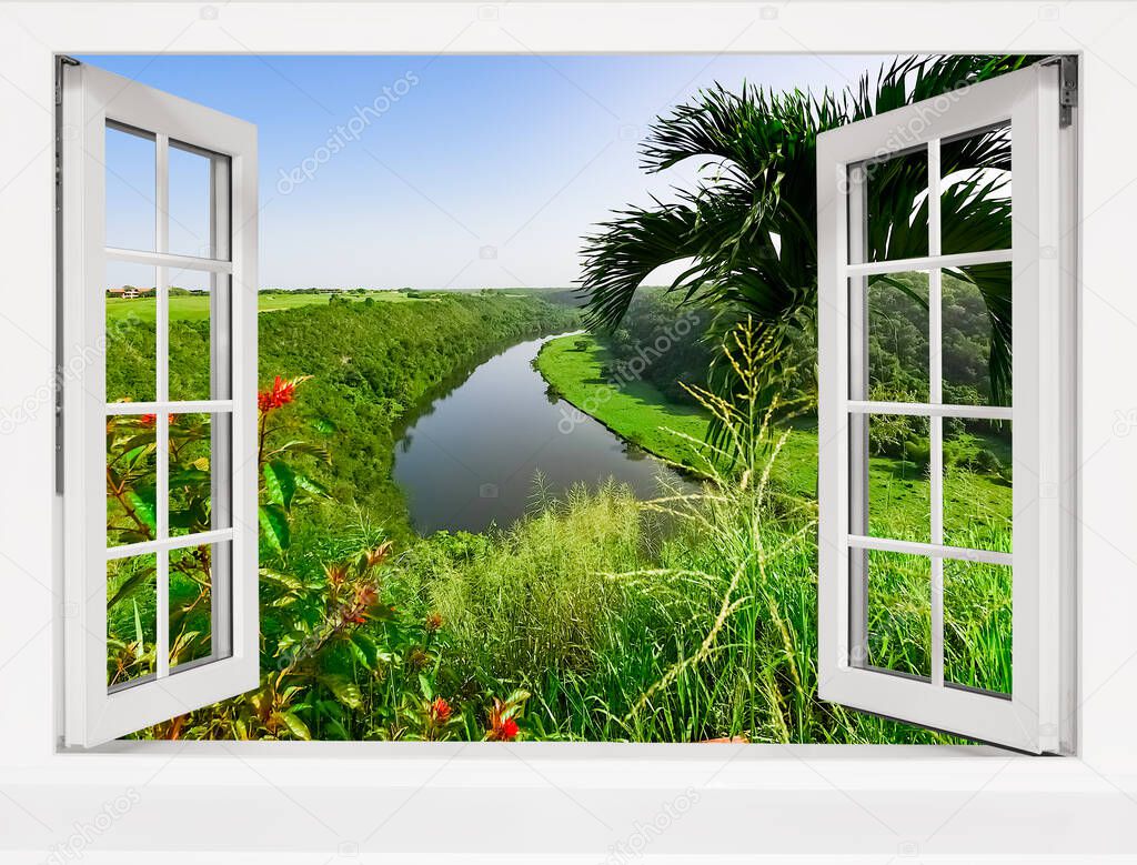 tropical landscape view from an open window on a river in the jungle