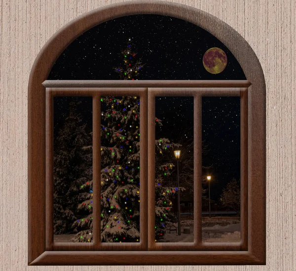 Vista Desde Ventana Antes Que Árbol Navidad Vacaciones Está Decorado — Foto de Stock