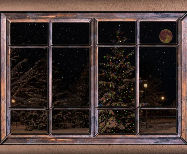 Vista Dalla Finestra Prima Della Festa Albero Natale Decorato Con — Foto Stock