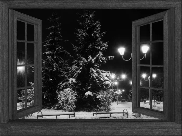 Zimowy Widok Okna Pokryty Jest Mrozem — Zdjęcie stockowe