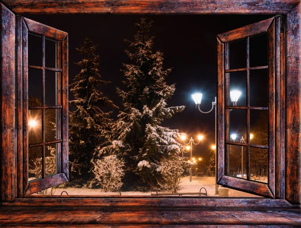 Zimowy Widok Okna Pokryty Jest Mrozem — Zdjęcie stockowe