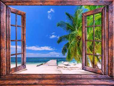 bir açık pencereden diğerine bir perde Karayip Denizi Dominik Cumhuriyeti güzel gün batımı akşam ile göster