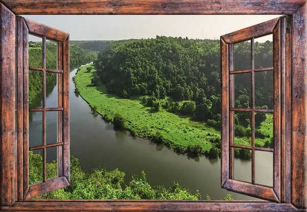 Vista Dalla Finestra Nel Corpo Acqua Albero Estate — Foto Stock