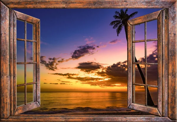 Visa Från Ett Öppet Fönster Med Gardin Karibiska Havet Dominikanska — Stockfoto
