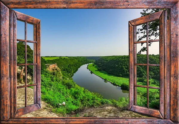 Vista Uma Janela Aberta Para Rio Verão — Fotografia de Stock