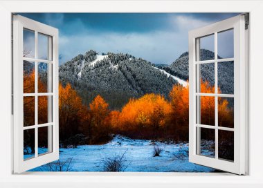 Sonbahar sabahının doğuşunda dağların penceresinden manzara