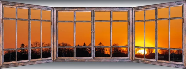 stock image old wooden panoramic window overlooking a summer village landscape 