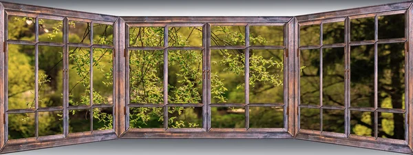 夏の村の風景を見下ろす古い木造のパノラマウィンドウ — ストック写真