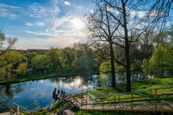 Oude Houten Trap Naar Natuur Van Het Park Het Vroege — Stockfoto