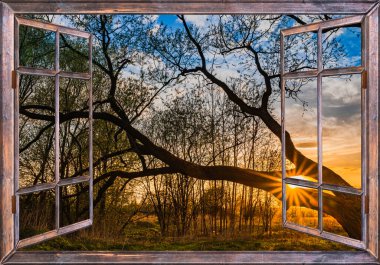 Yazın eski ahşap günbatımı manzaralı kırsal alan 