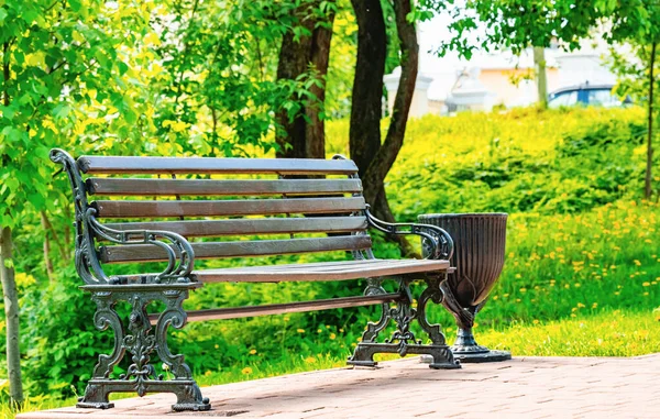 Träbänk För Avkoppling Parken Sommaren — Stockfoto