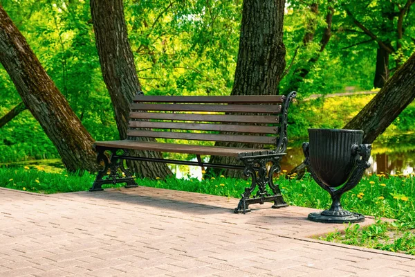 夏天在公园里放轻松的木制长椅 — 图库照片