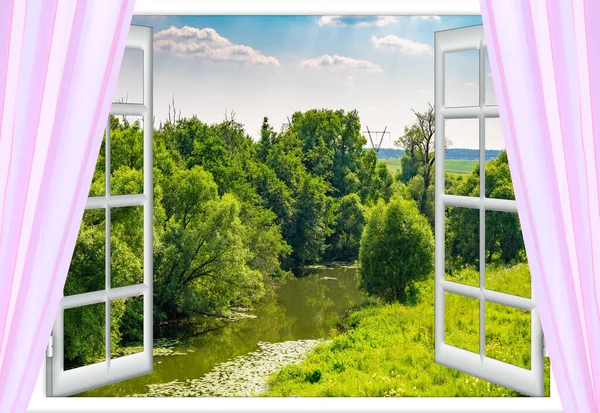 Вид Окна Водоем Дерево Летом — стоковое фото