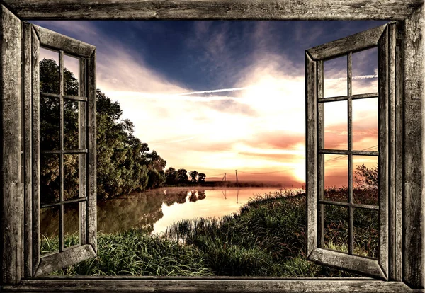 Yazın pencereden su ve ağaç manzarası.