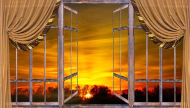 Perdelerle pencereden gün doğumunun güzel manzarası