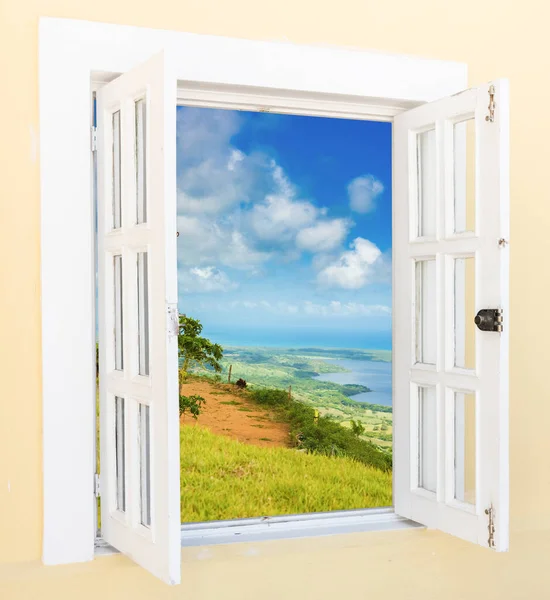 Old Wooden Open Window Overlooking Tropics — Stock Photo, Image