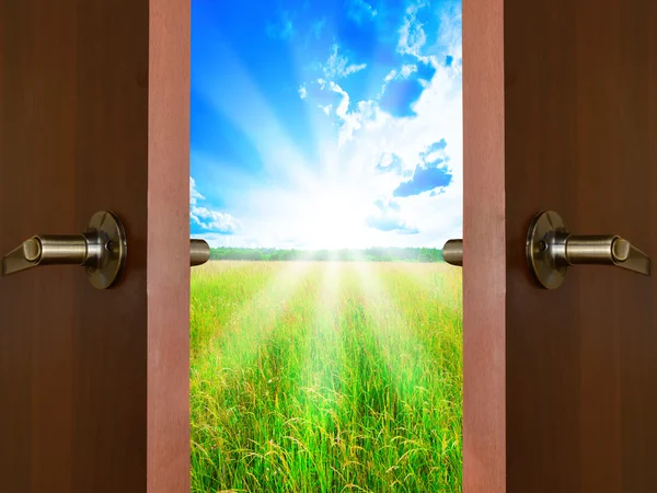 Open door with a view of green meadow illuminated by bright suns — Stock Photo, Image