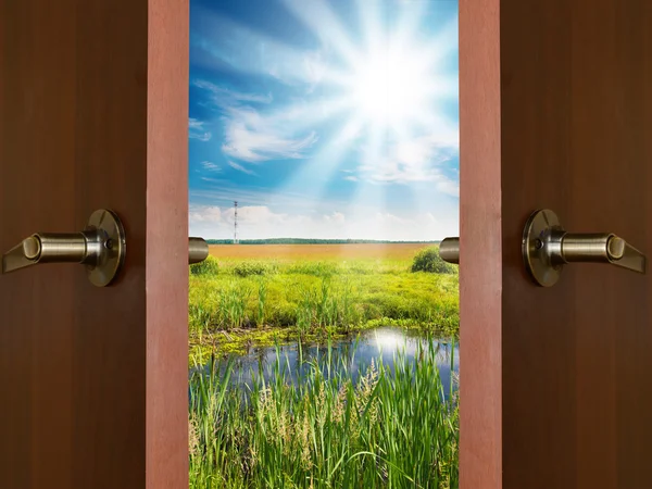 Open door with a view of green meadow illuminated by bright suns — Stock Photo, Image