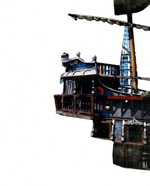 Deniz illüstrasyonunda yelken açan korsan gemisi klasik eskiz çiziyor.