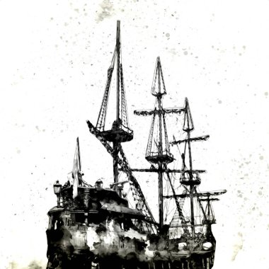 Deniz illüstrasyonunda yelken açan korsan gemisi klasik eskiz çiziyor.