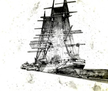 Antika tekne deniz motifi el yapımı sanat eseri çizimi