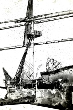 Antika tekne deniz motifi el yapımı sanat eseri çizimi