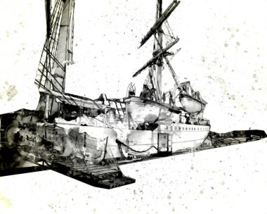 Antika tekne deniz motifi el yapımı sanat eseri çizimi