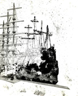 Antika tekne deniz motifi el yapımı sanat eseri çizimi