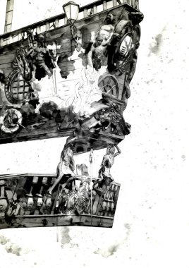 Antika tekne deniz motifi el yapımı sanat eseri çizimi