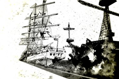 Antika tekne deniz motifi el yapımı sanat eseri çizimi