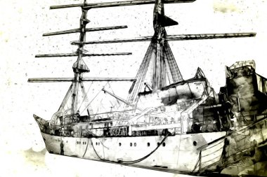 Antika tekne deniz motifi el yapımı sanat eseri çizimi