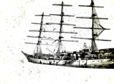 Antika tekne deniz motifi el yapımı sanat eseri çizimi