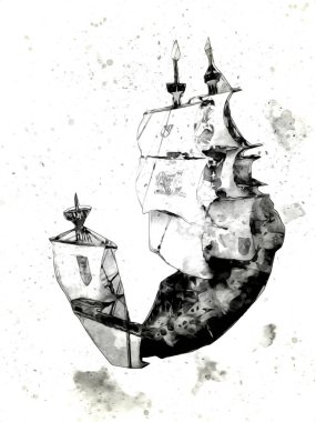 Antika tekne deniz motifi el yapımı sanat eseri çizimi