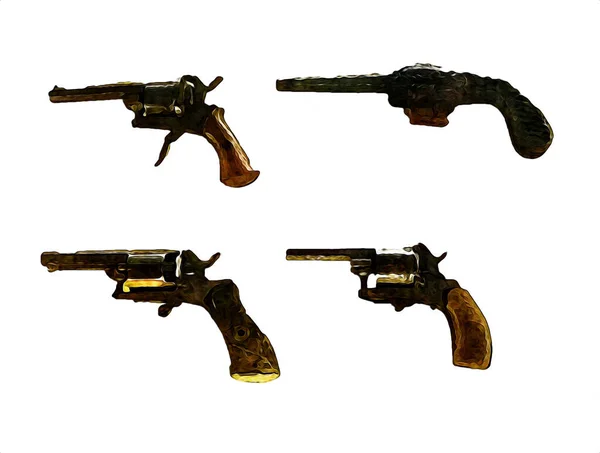 左轮手枪手绘复古枪图解雕刻风格的老式手枪套装 — 图库照片