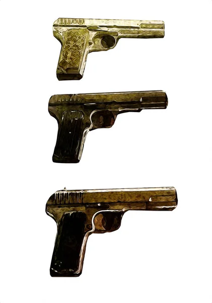 左轮手枪手绘复古枪图解雕刻风格的老式手枪套装 — 图库照片