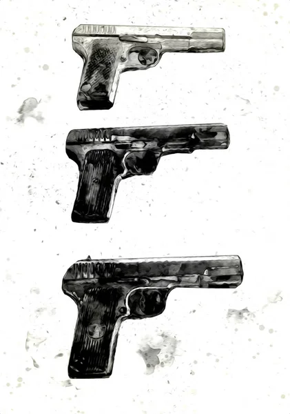 Revólver Ilustración Pistola Vintage Dibujada Mano Conjunto Pistolas Antiguas Estilo — Foto de Stock