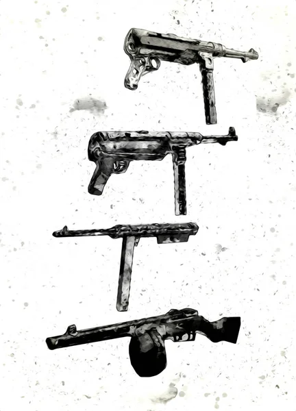 Revolver Illustration Pistolet Vintage Dessinée Main Ensemble Vieux Pistolets Style — Photo